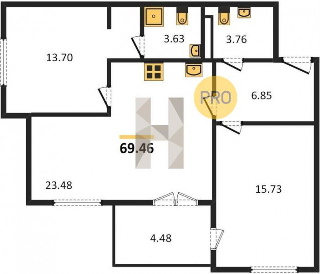 Двухкомнатная квартира 69.46 м²
