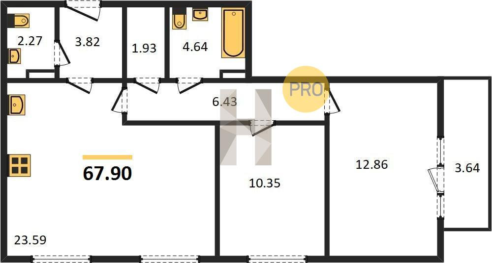 Двухкомнатная квартира 67.9 м²