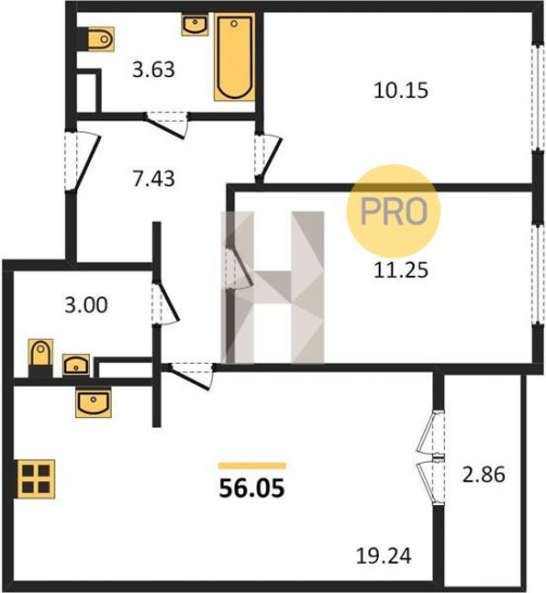 Двухкомнатная квартира 56.05 м²
