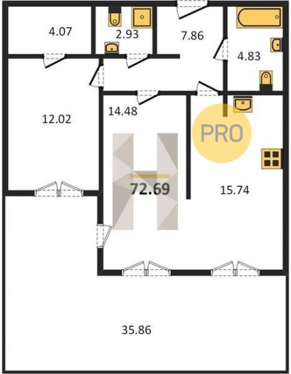 Двухкомнатная квартира 72.69 м²