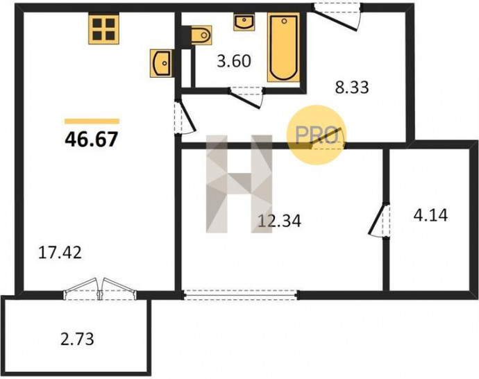 Однокомнатная квартира 46.67 м²
