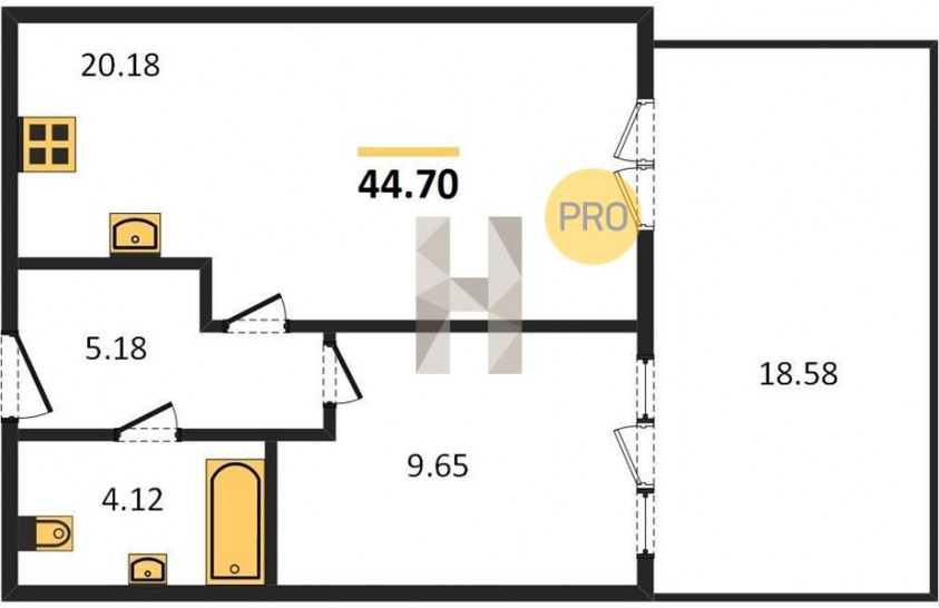 Однокомнатная квартира 44.7 м²