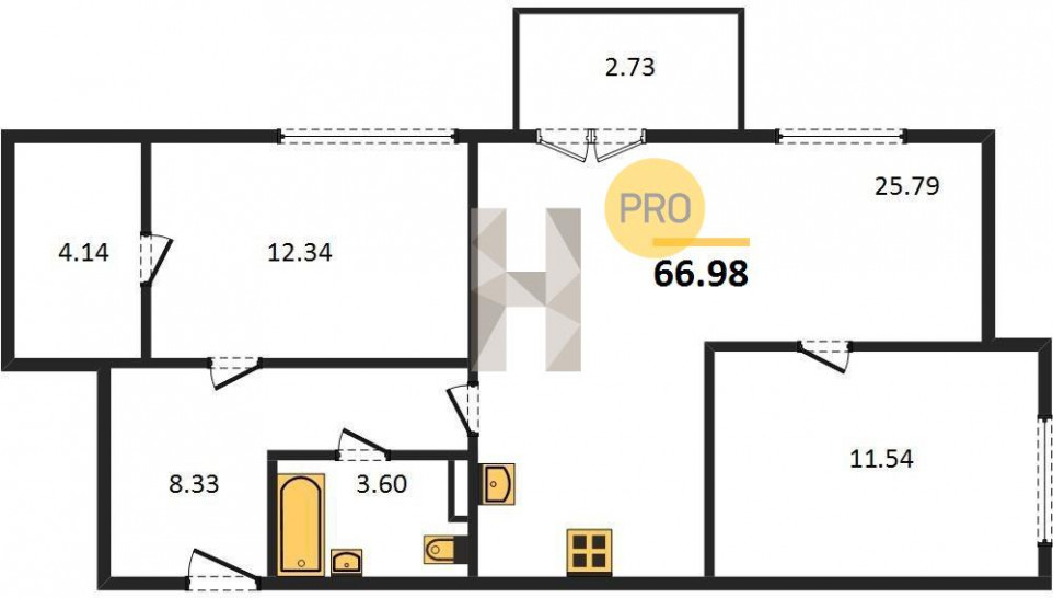 Двухкомнатная квартира 66.98 м²