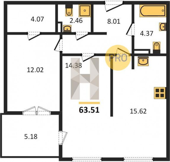Двухкомнатная квартира 63.51 м²
