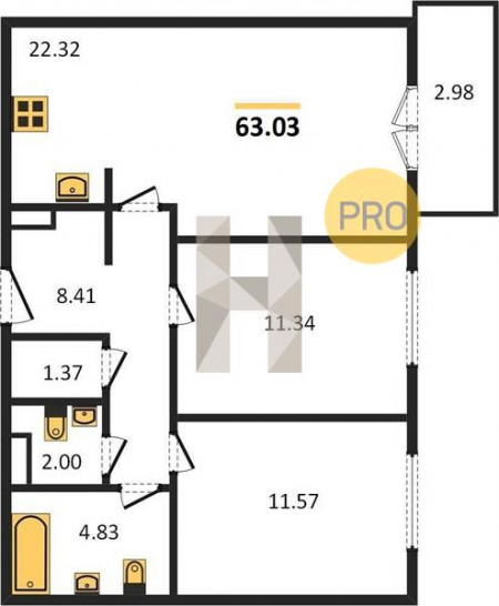 Двухкомнатная квартира 63.03 м²