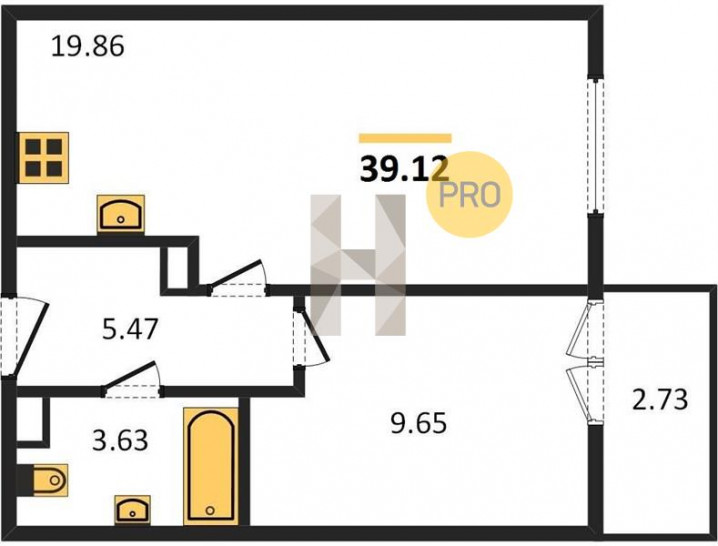 Однокомнатная квартира 39.12 м²