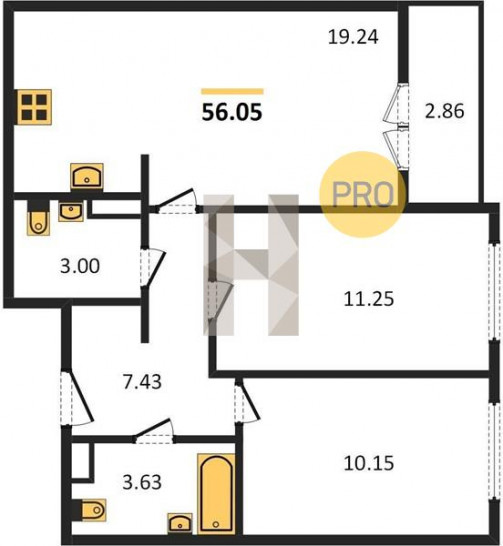 Двухкомнатная квартира 56.05 м²