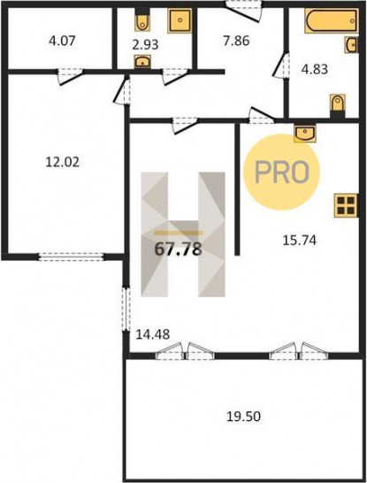 Двухкомнатная квартира 67.78 м²