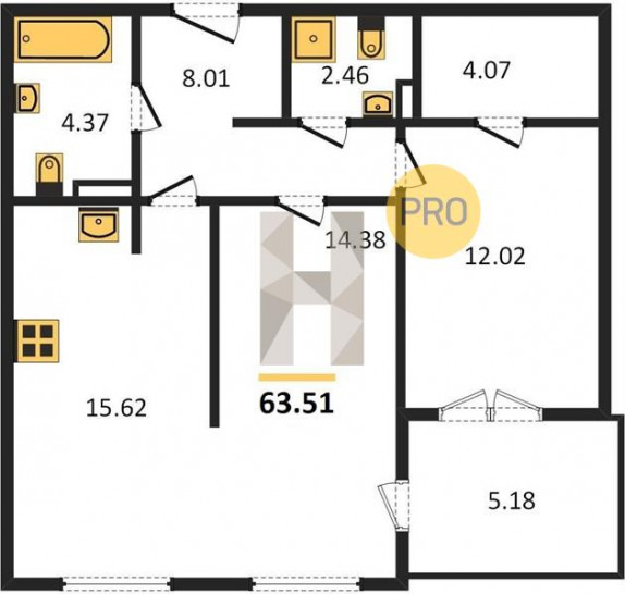 Двухкомнатная квартира 63.51 м²