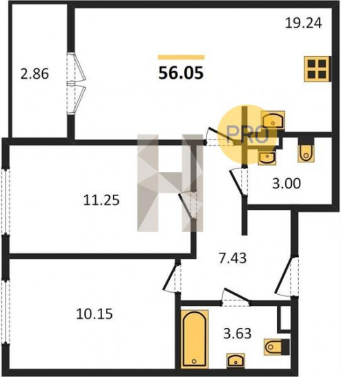 Двухкомнатная квартира 56.05 м²
