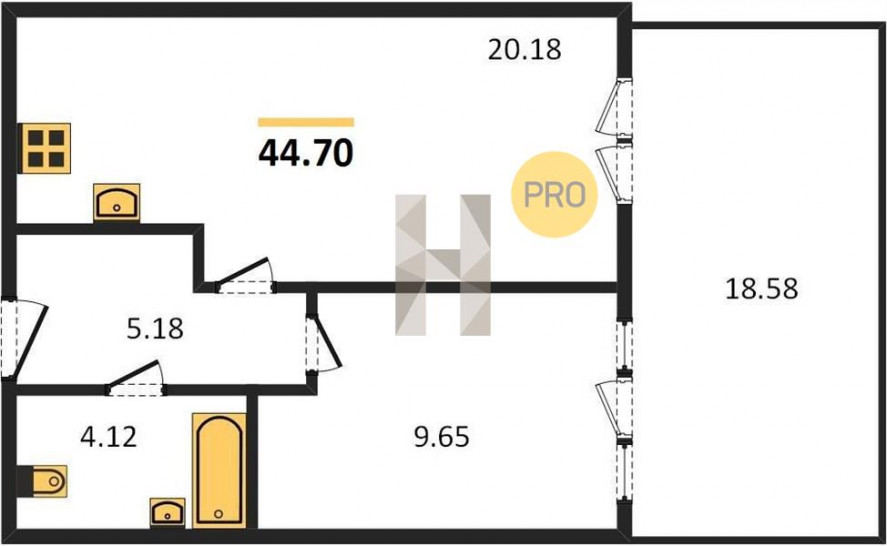 Однокомнатная квартира 44.7 м²