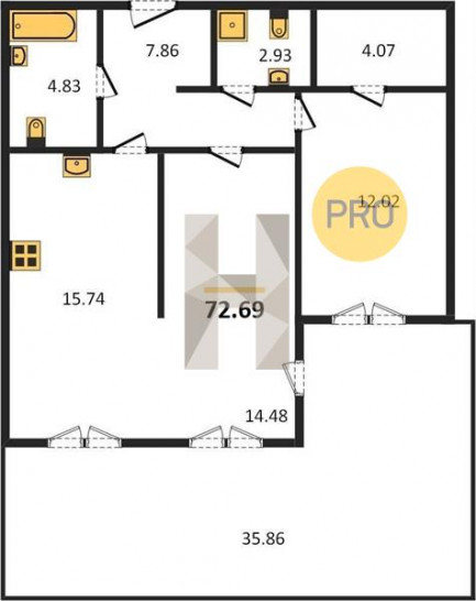 Двухкомнатная квартира 72.69 м²