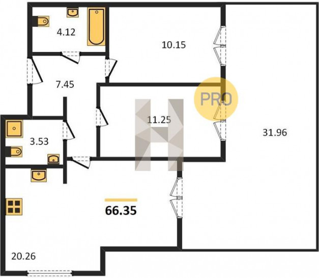 Двухкомнатная квартира 66.35 м²