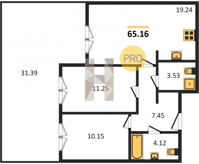 Двухкомнатная квартира 65.16 м²