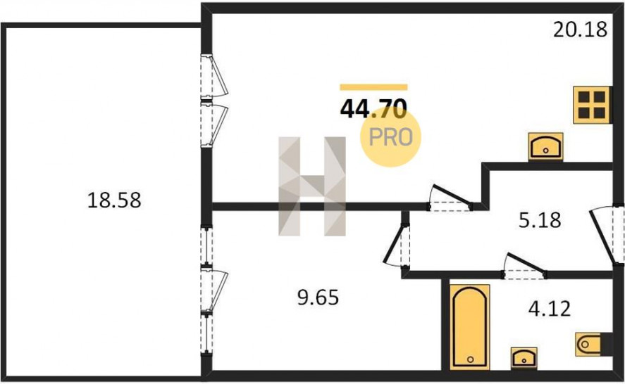 Однокомнатная квартира 44.7 м²