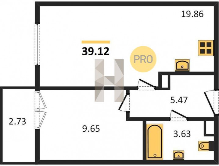 Однокомнатная квартира 39.12 м²