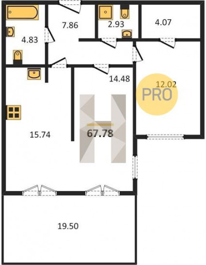 Двухкомнатная квартира 67.78 м²