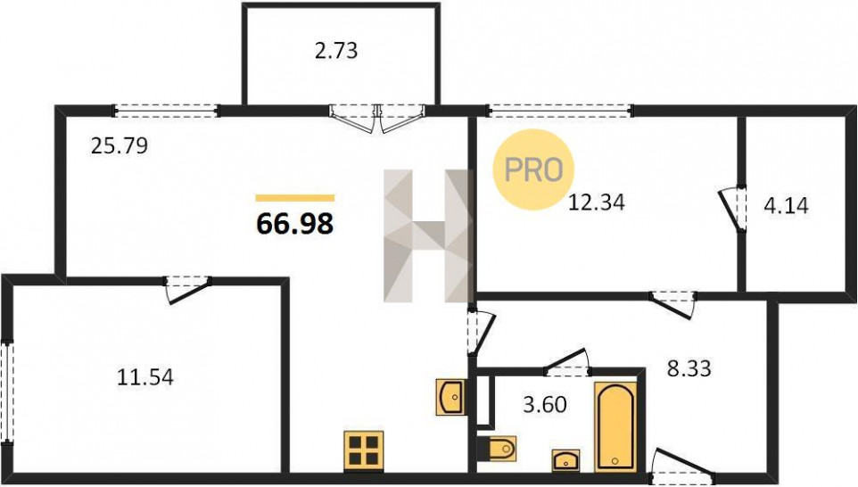 Двухкомнатная квартира 66.98 м²