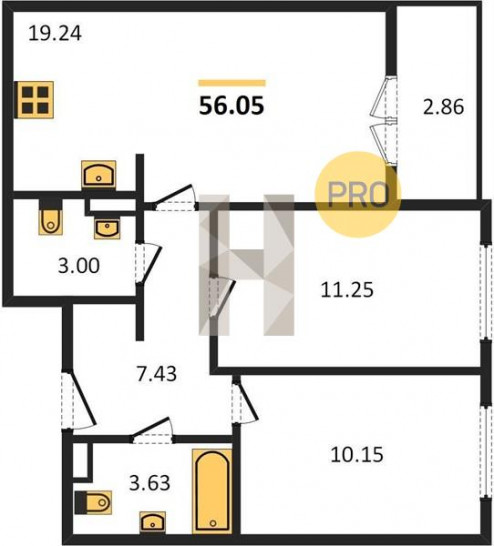 Двухкомнатная квартира 56.05 м²