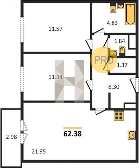 Двухкомнатная квартира 62.38 м²