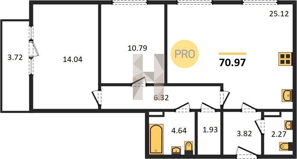 Двухкомнатная квартира 70.97 м²