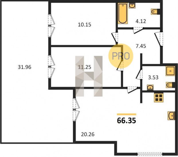 Двухкомнатная квартира 66.35 м²