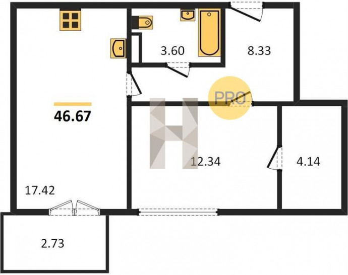 Однокомнатная квартира 46.67 м²