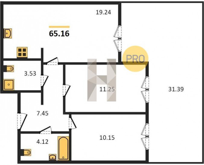 Двухкомнатная квартира 65.16 м²