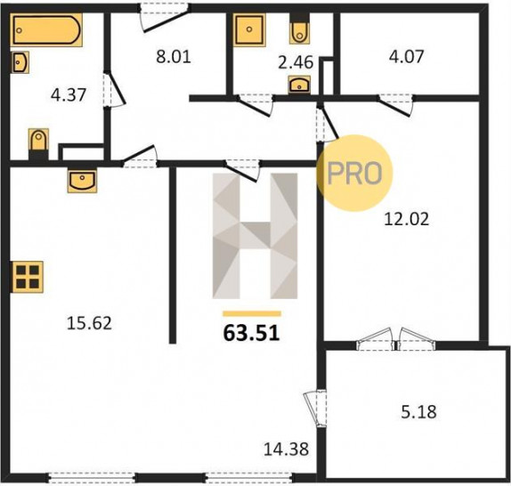 Двухкомнатная квартира 63.51 м²