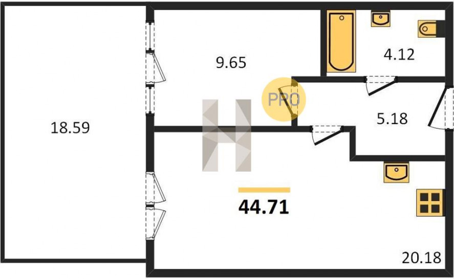 Однокомнатная квартира 44.71 м²