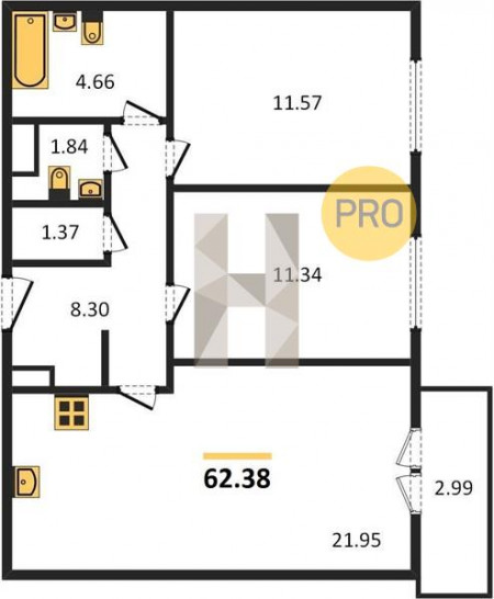 Двухкомнатная квартира 62.38 м²