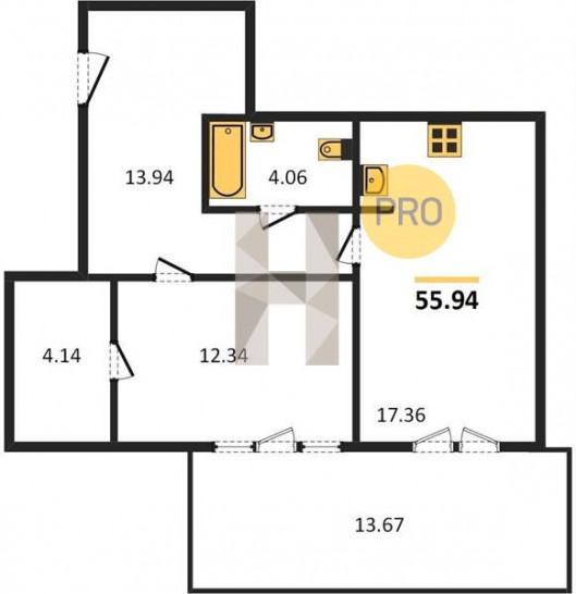 Однокомнатная квартира 55.94 м²