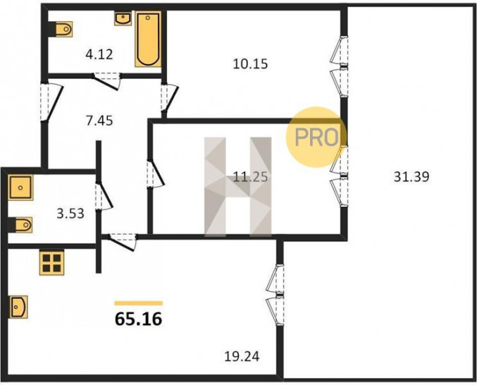 Двухкомнатная квартира 65.16 м²