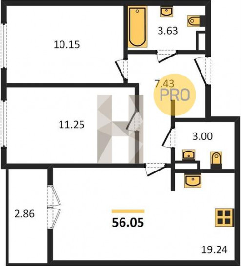Двухкомнатная квартира 56.05 м²
