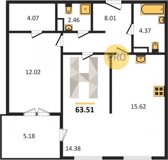Двухкомнатная квартира 63.51 м²