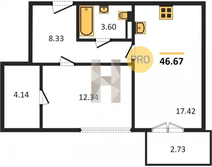 Однокомнатная квартира 46.67 м²