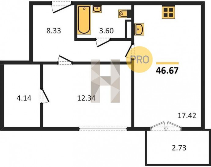 Однокомнатная квартира 46.67 м²