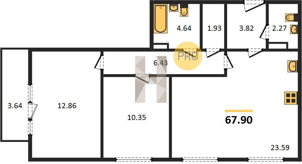 Двухкомнатная квартира 67.9 м²
