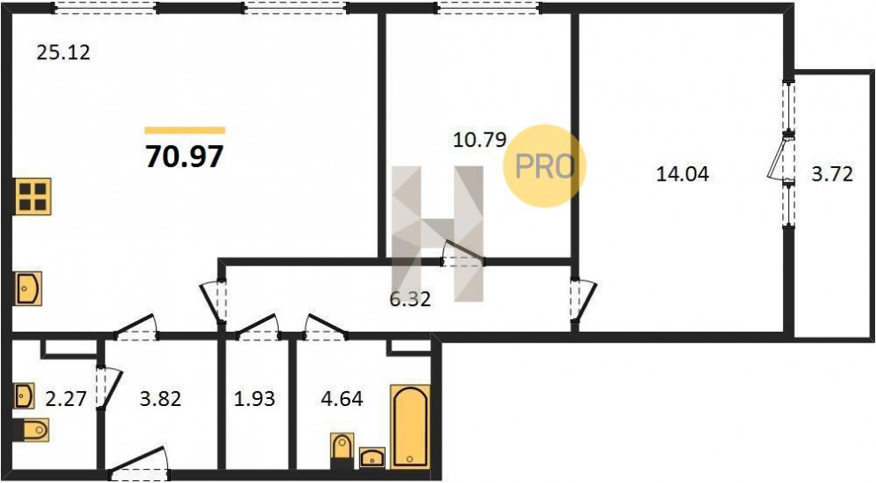 Двухкомнатная квартира 70.97 м²