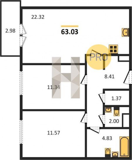 Двухкомнатная квартира 63.03 м²