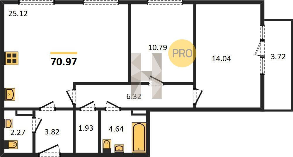 Двухкомнатная квартира 70.97 м²