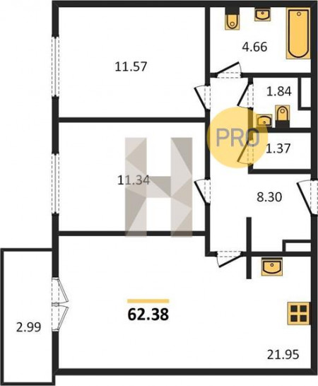 Двухкомнатная квартира 62.38 м²