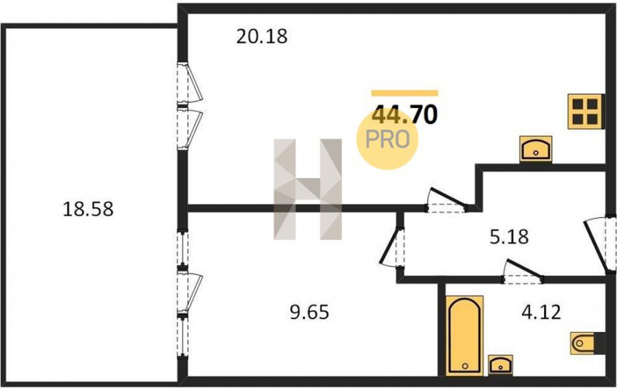 Однокомнатная квартира 44.7 м²