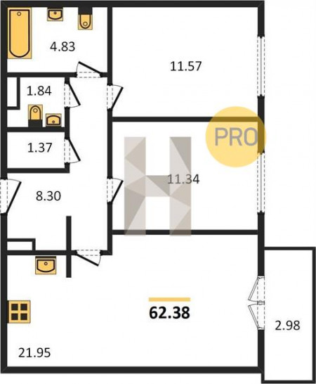 Двухкомнатная квартира 62.38 м²
