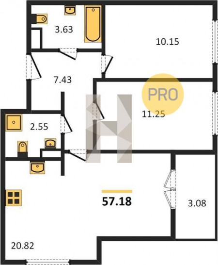 Двухкомнатная квартира 57.18 м²
