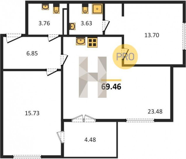 Двухкомнатная квартира 69.46 м²