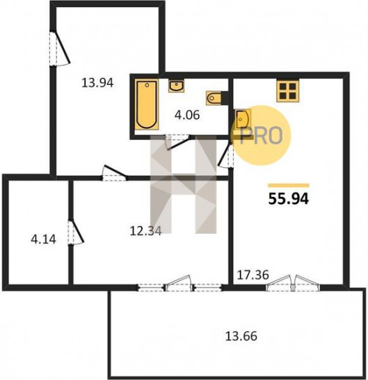 Однокомнатная квартира 55.94 м²