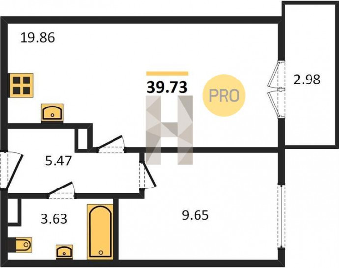 Однокомнатная квартира 39.73 м²