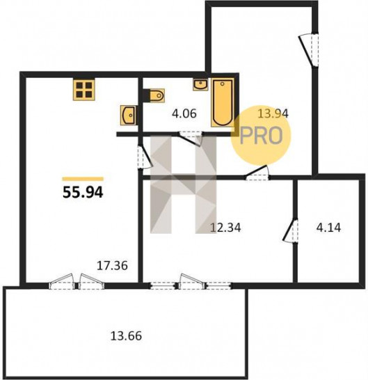 Однокомнатная квартира 55.94 м²