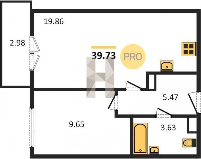 Однокомнатная квартира 39.73 м²